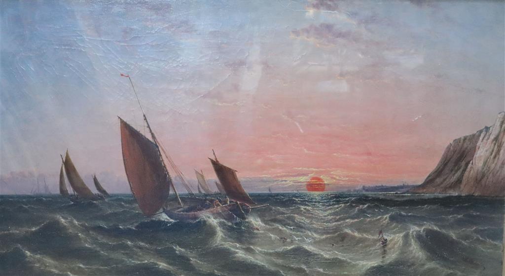 Arthur Joseph Meadows (1843-1907) Fishing boats at sea at sunset 23.5 x 41.5in.